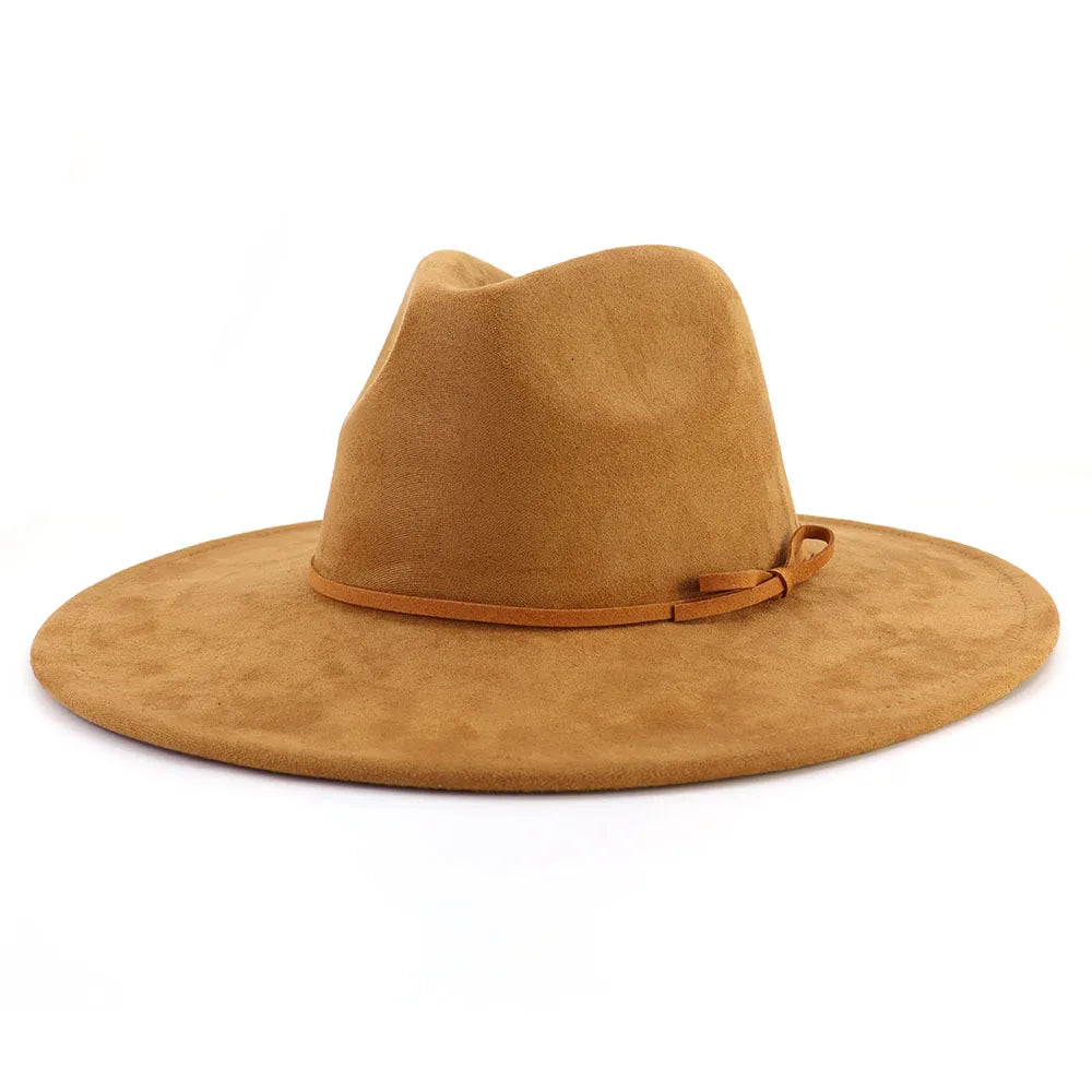 Suede fedora hat with same color accessories teardrop top wide brim hat for men and women Panama hat chapeau homme sombrero