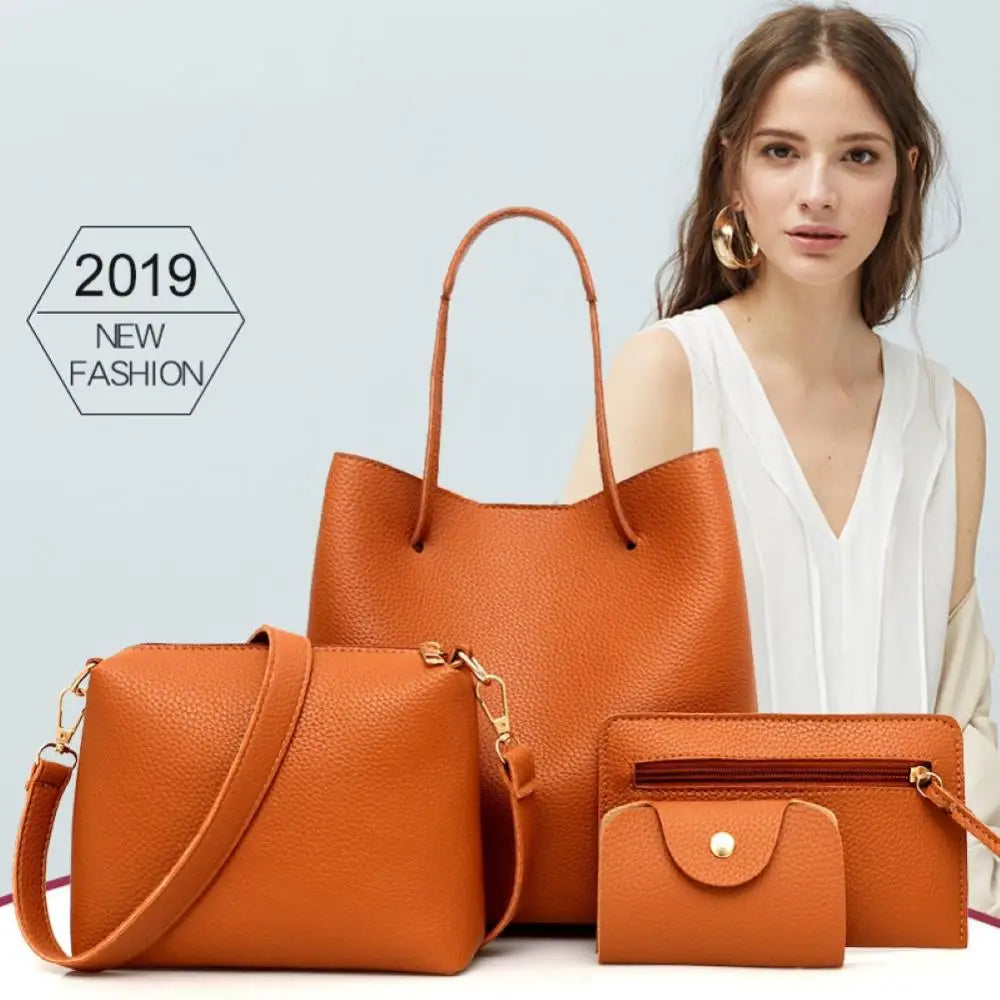 4Pcs Faux Leather Shoulder Bag Women Handbag Crossbody Bags Clutches Purse Set Trend Female Shoulder Bag Casual Purse Set