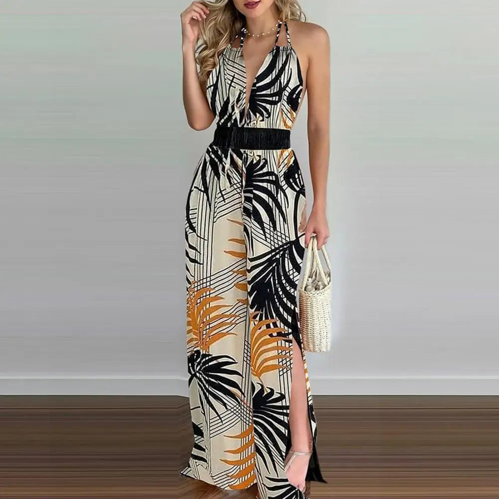 Sexy Sleeveless Halter Jumpsuit Women 2022 Summer Romper Floral Print Wide Leg Long Pants for Women Jumpsuits комбинезон женский