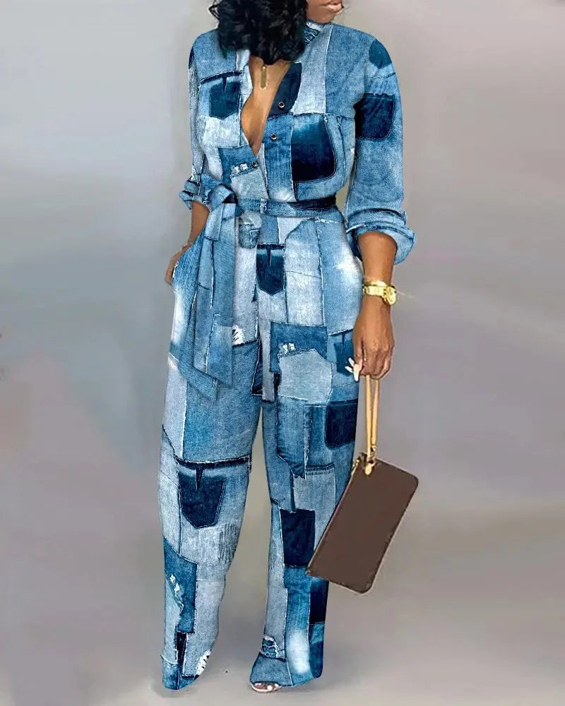 High-Waist Casual Straight-Leg Loose Printed Jumpsuit