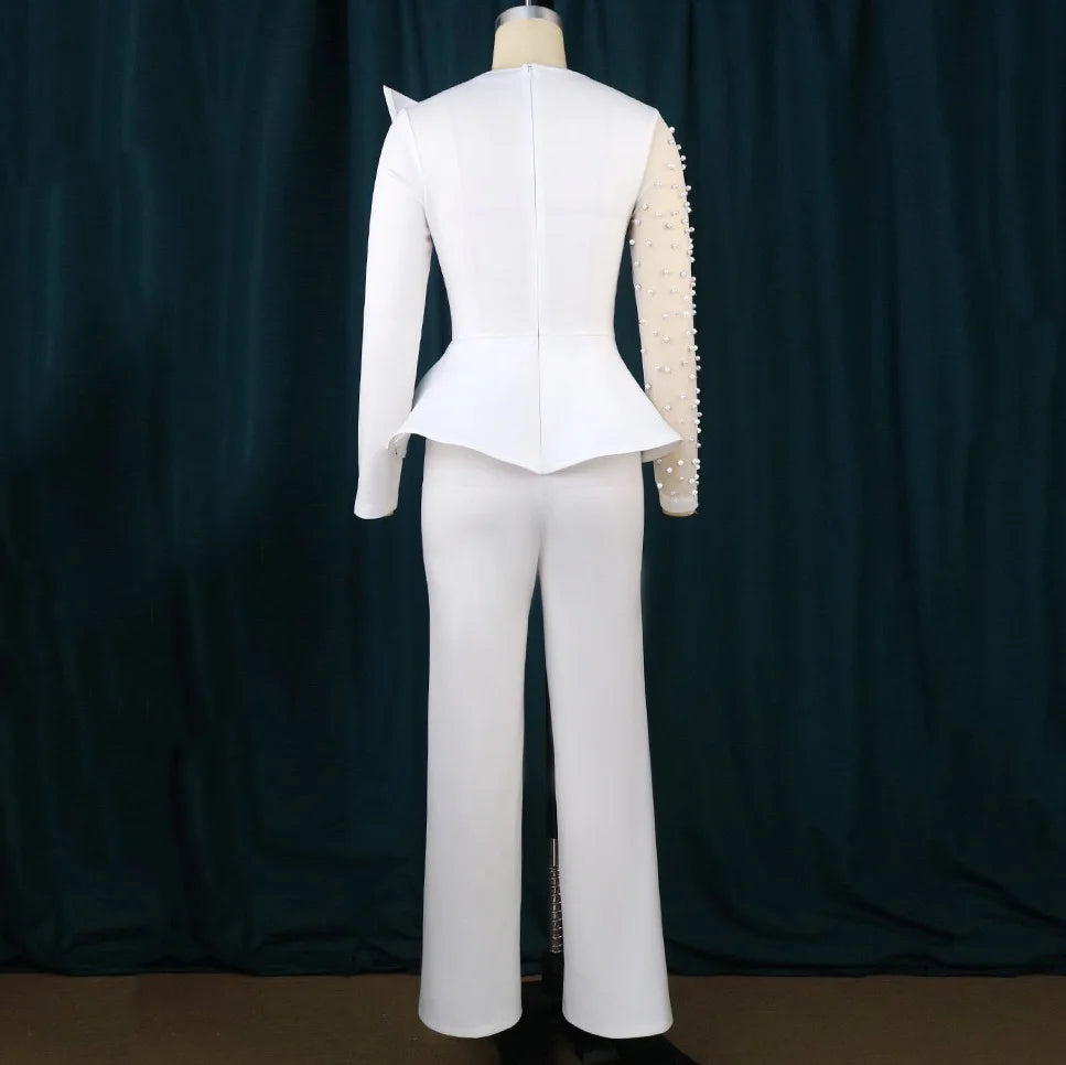 Elegant Jumpsuits & Rompers for Women 2025 White Black Beaded High Waisted Luxury Fashion Birthday Party Long Overalls Clothes
