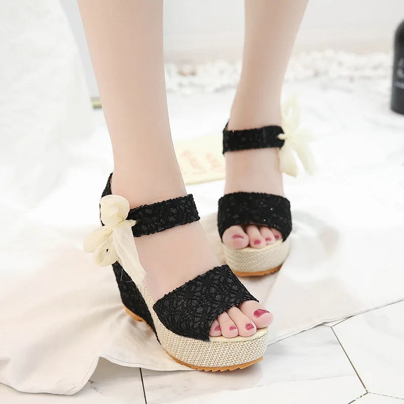Summer New Fashion Slope Heel Fish Mouth Women's Sandals Party Lace Lace Strap Waterproof Platform Thick soled High Heels
