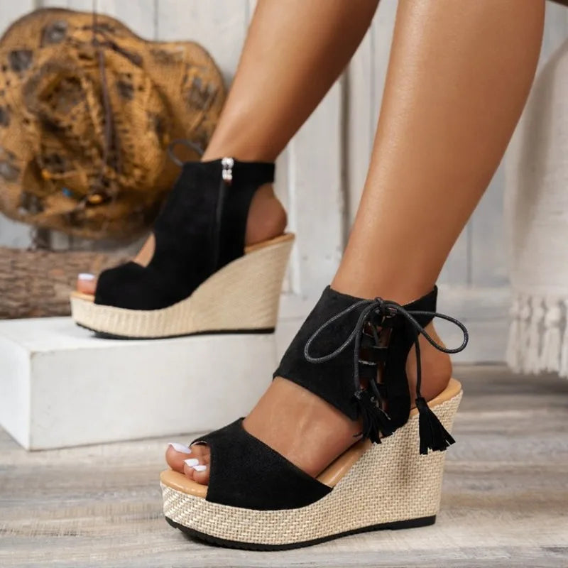 Summer Khaki Suede Leather Women's Thicken High Heels Hollow Out Sandals Sexy Elegant Platform Wedges Open Toe Ladies Shoes