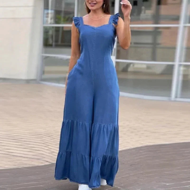 Women Solid Jumpsuits Spring V Neck High Waist Straight Playsuits Summer Backless Wide Leg Pleated Pants Rompers Flared Jumpsuit