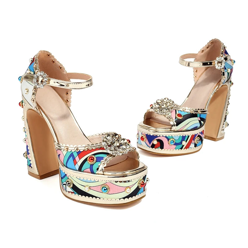 Diamond Pearl Flower Thick Sole Waterproof Platform High Heel Open Toe Heel