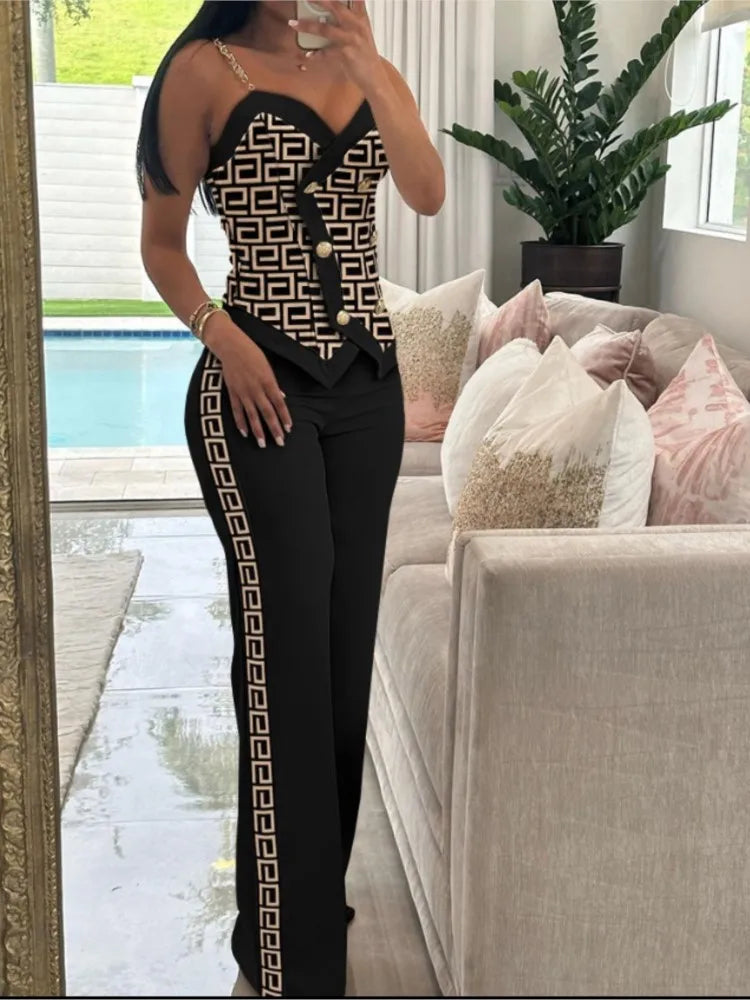 Sexy Women's 2-Piece Suit Summer Fashion Double Breasted Chain Strap Slim Top Straight Leg Long Pants Set For Women Sports Suit