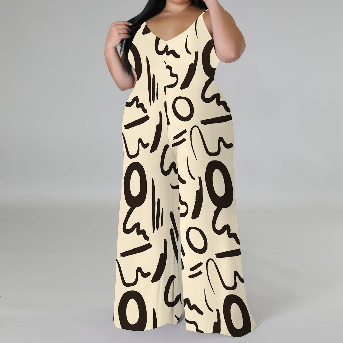 Plus Size Printed Jumpsuit - Strapless Wide Leg Romper with Scarf, Boho Palazzo Pants for Women