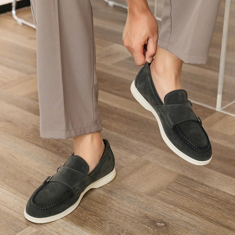 Suede Leather Men's Business Casual Shoes Handmade Double Buckle Loafers Leisure Slip on Flats Outdoor Male Driving Moccasins