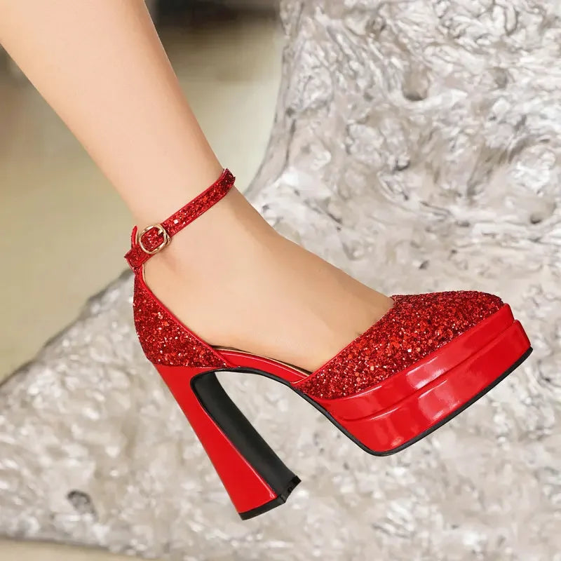 Sequins Glitter Bling Party Bride Shoes Shiny Golden Silver Pointed Toe Platform Mary Janes Summer Thick High Heels Sandals