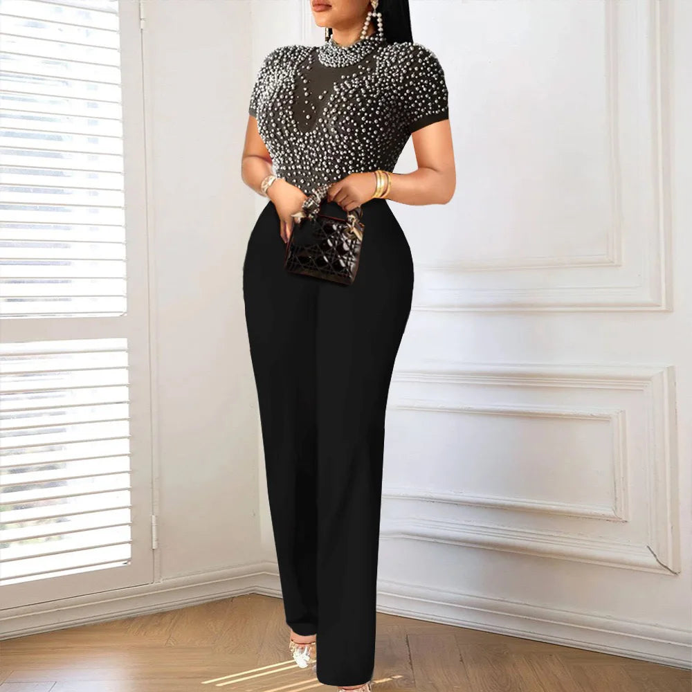 Elegant Jumpsuits & Rompers for Women 2025 White Black Beaded High Waisted Luxury Fashion Birthday Party Long Overalls Clothes