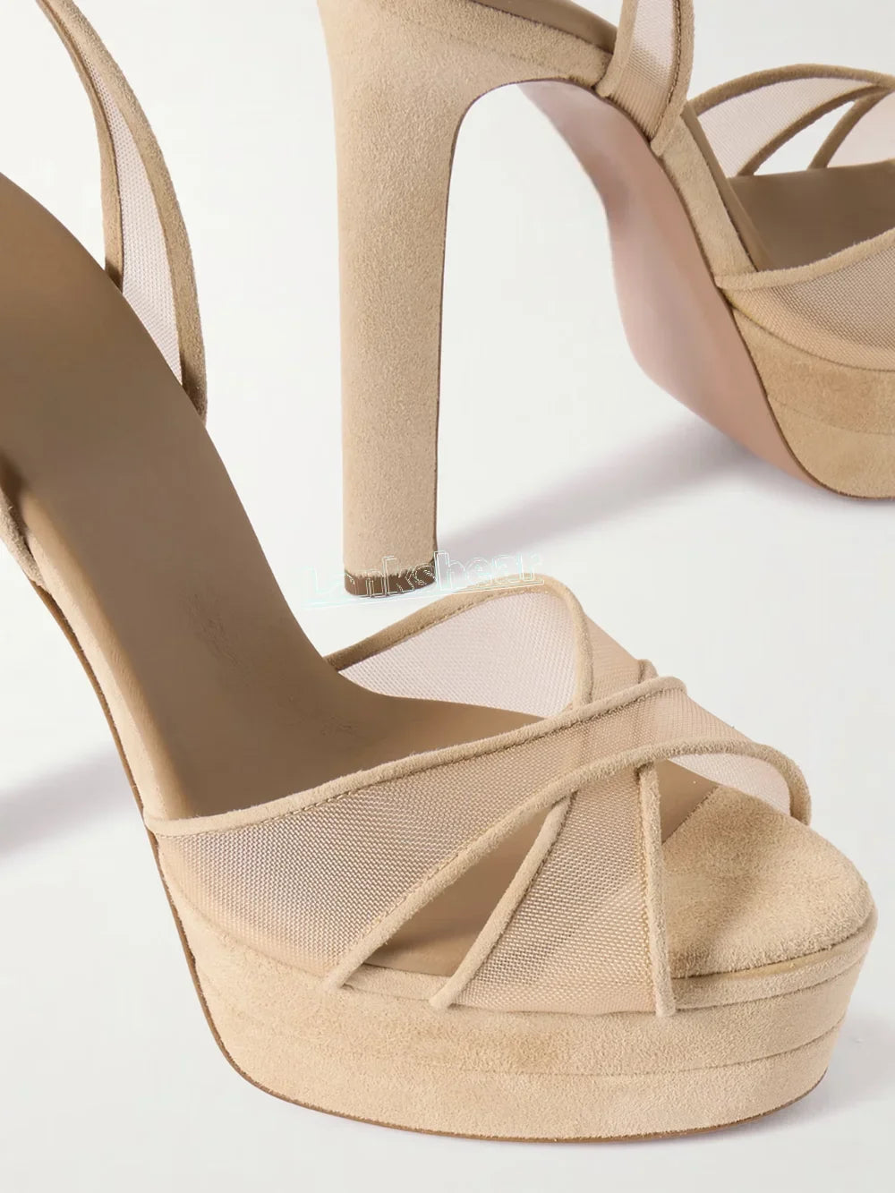 Cross Mesh Round Open Toe Sandals Platform Block High Heels Ankle Strap Buckle Solid Slingback Summer Sexy Summer Shoes New 2025