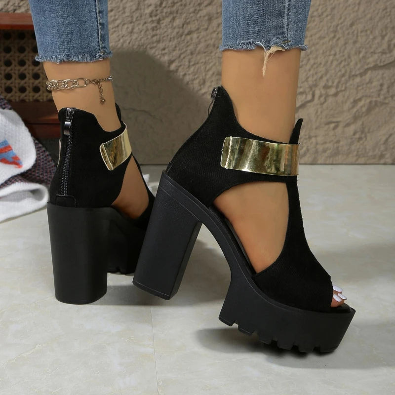 Open Toe Cutout Platform Rear Zipper Non-Slip Block Heels