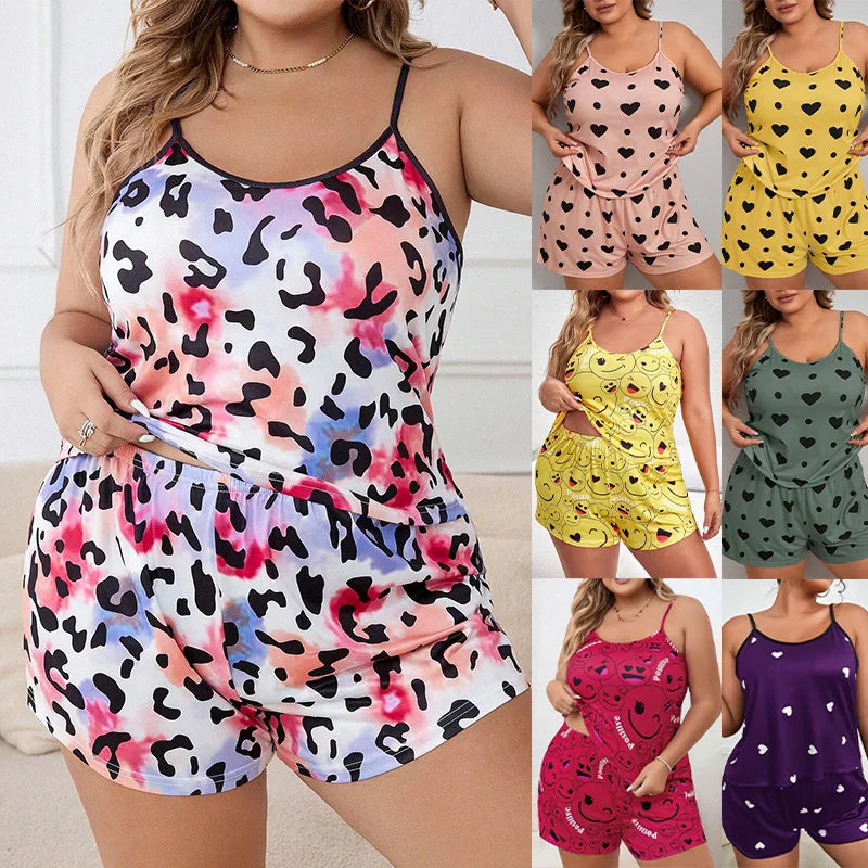Plus Size Strap Pajama Set For Women Sexy Tank Tops+Shorts Suit Female XL-5XL Leisure Loose Home Clothes Printed Pattern Pajamas