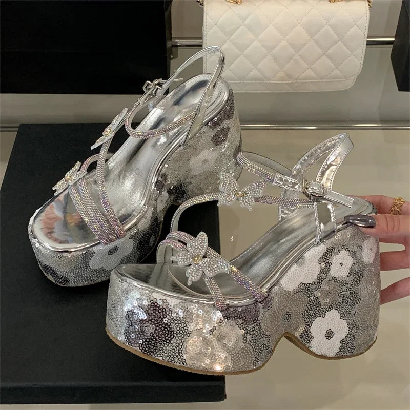 Summer Bling Sequin Buckle Strap Wedges
