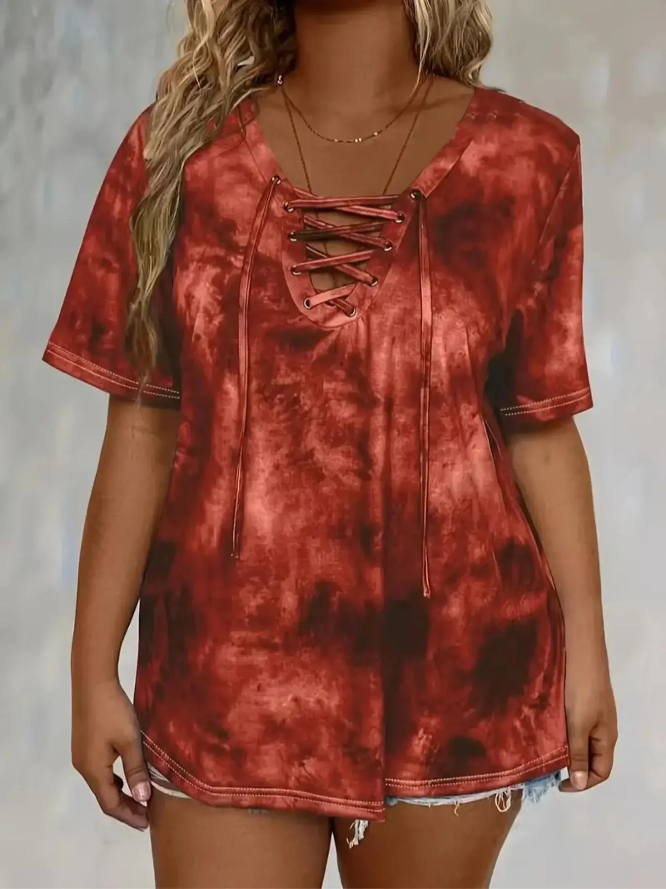 Women's Plus Size 1XL-5XL Fashion Tie Dye Print Loose Fit Tee with Lace-Up Short Sleeve T-Shirt Ladies Casual Drape Neck T-shirt