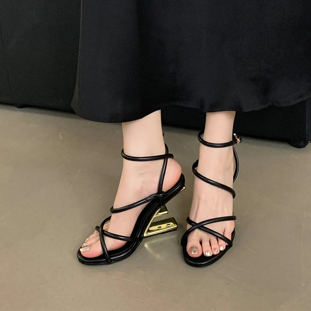 Aneikeh Summer Fashion Fretwork Heels Cross Striped Color Blocked High-heeled Sandals Women Ankle Buckle Strap Gladiator Shoes