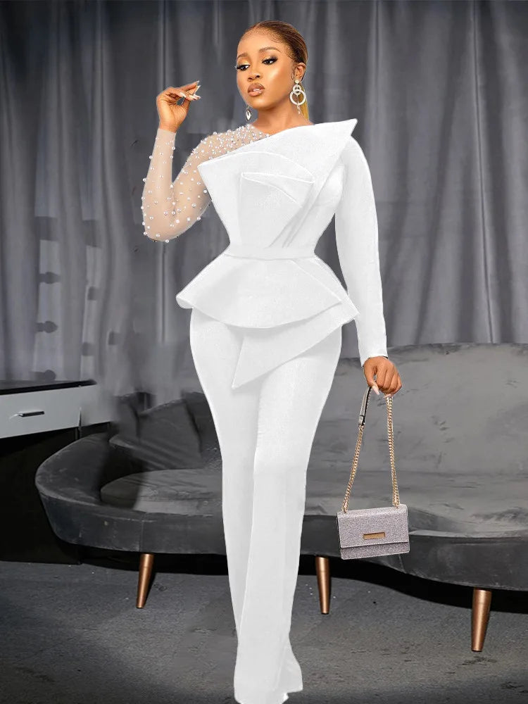 Customized Elegant Jumpsuits & Rompers for Women O Nec Short Sleeve Beaded High Waisted Luxury Female Birthday Dinner Party Over