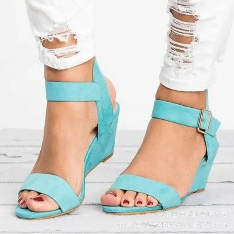 Low Wedge Buckle Strap Suede Sandals