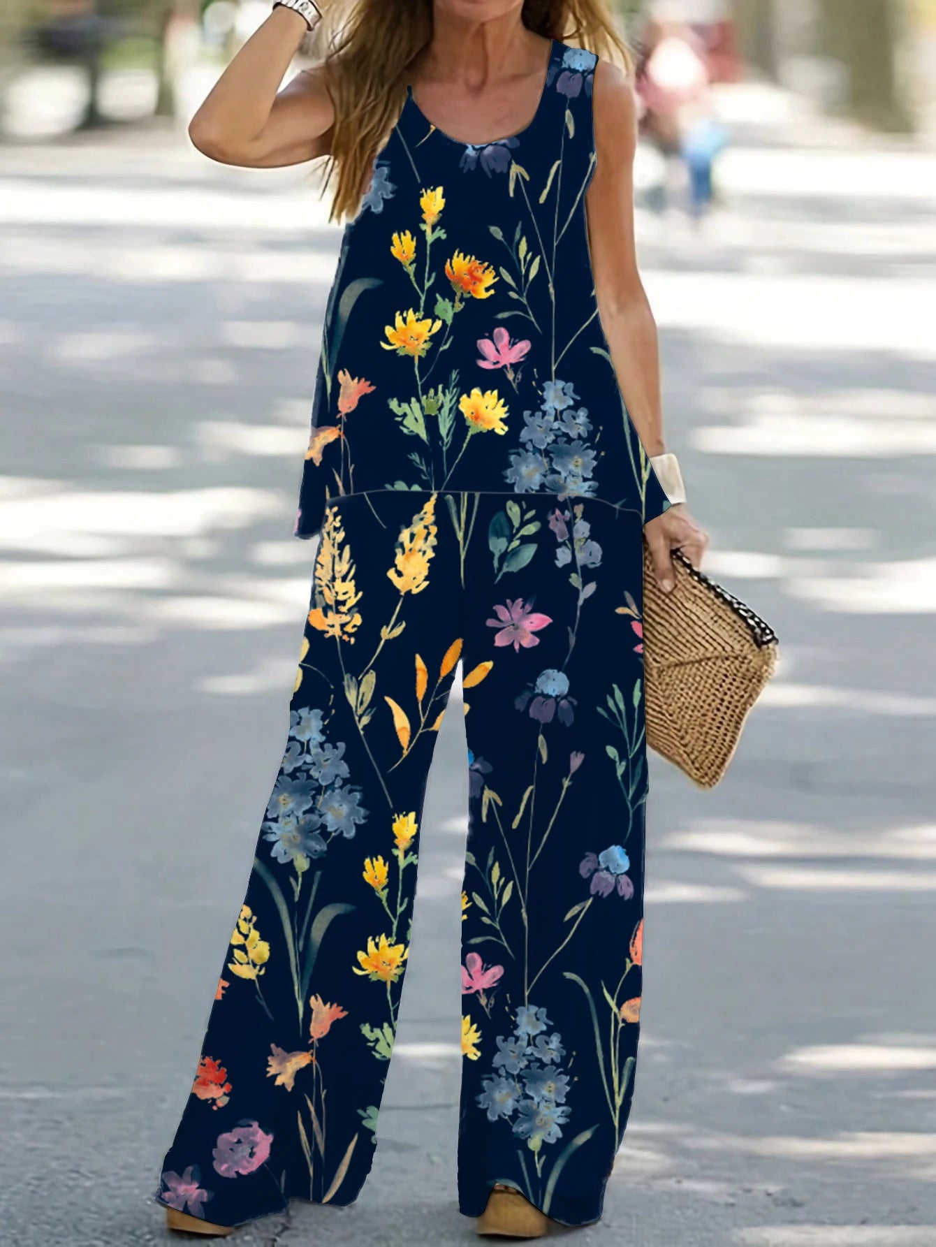 1XL-8XL Plus Size Women's Casual Outfits Two Piece Set Solid Round Neck Tank Top Wide Leg Pants Outfits 2 Piece Set