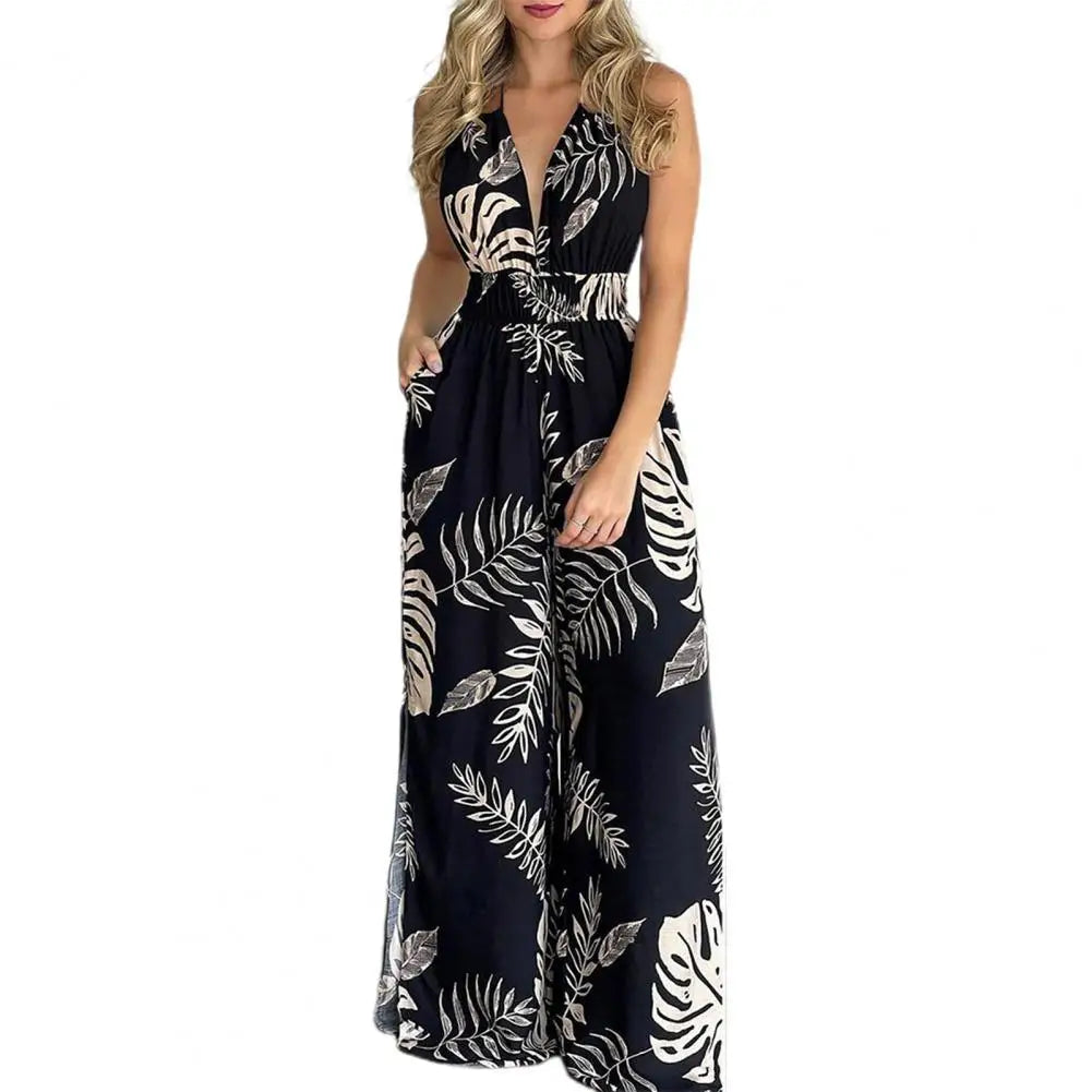 Sexy Sleeveless Halter Jumpsuit Women 2022 Summer Romper Floral Print Wide Leg Long Pants for Women Jumpsuits комбинезон женский