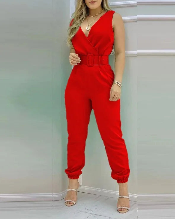 Summer Elegant Women Jumpsuits Office Lady Sexy V-neck Sleeveless Print Jumpsuits New Fashion With Belt Vest Playsuit Streetwear