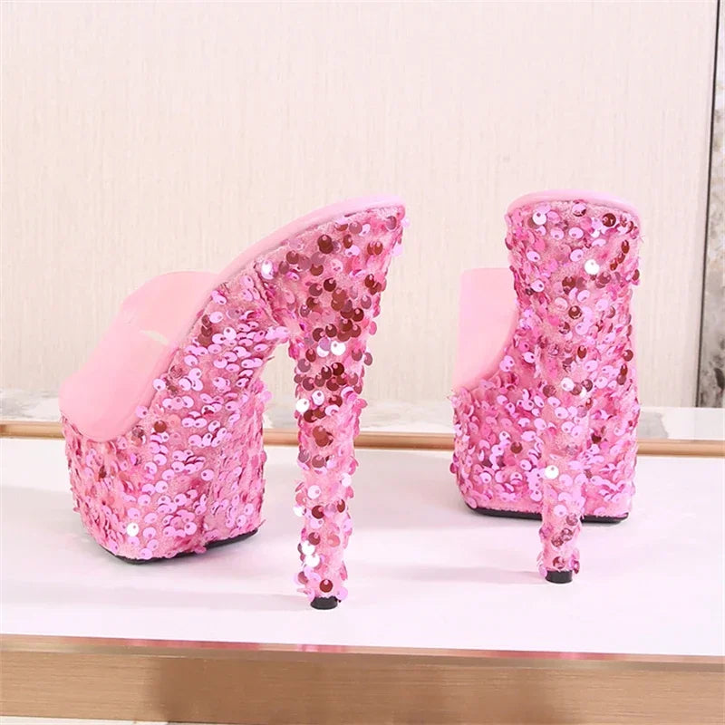Eilyken Sexy Sequined Cloth Peep Toe PVC Transparent Women Slippers Platform Stiletto High Heels Stripper Party Shoes