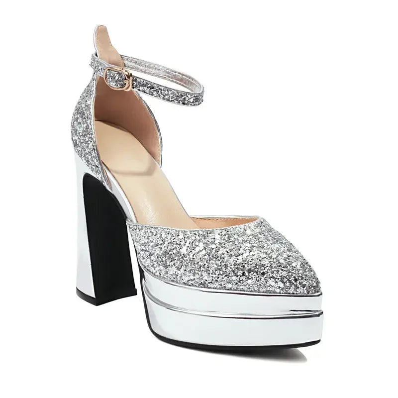 Sequins Glitter Bling Party Bride Shoes Shiny Golden Silver Pointed Toe Platform Mary Janes Summer Thick High Heels Sandals
