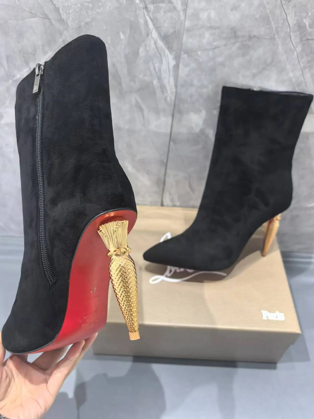 Gold Metal Bullet-Shaped Heel Short Boots For Women Pointed Toe Back Zipper Black Leather Boats Female High Heels Elegant 36-42