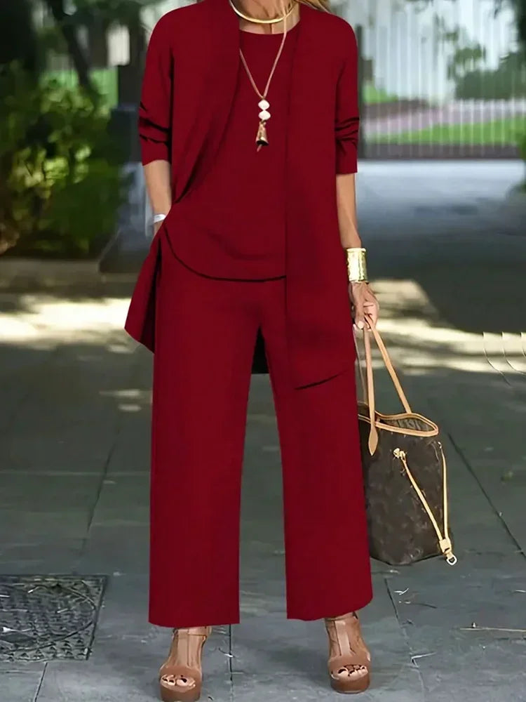 Women's Plus Size 1XL-5XL Fashion Three-Piece Outfit Set Ladies Casual Long Sleeve Cardigan Tank Top and Long Pants Outfits