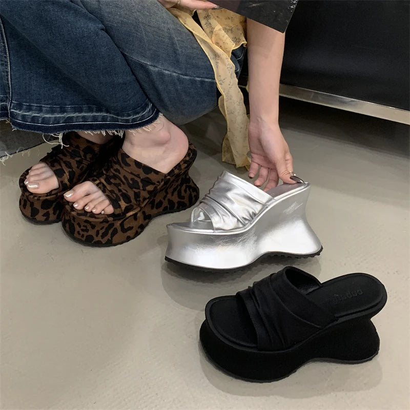 Leopard Print Platform Wedge Slippers