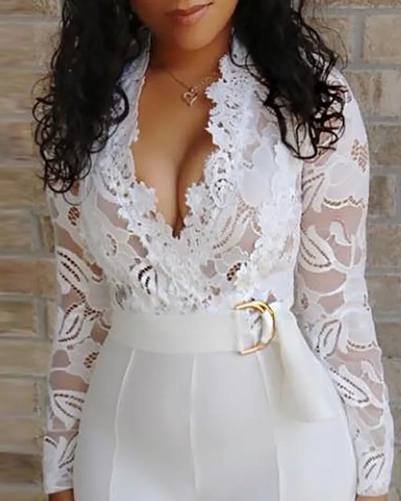 White Jumpsuits For Woman Lace Stitching Long Sleeve V-neck Wide Leg Pants With Belt Lady Romper Mono Women's Clothing Offers