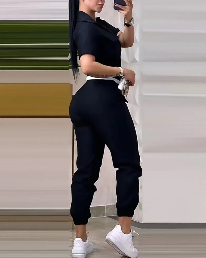 New Fashion Women Working Jumpsuit Short Sleeve Pocket Design Turn Down Collar Elastic Waist Drawstring Cuffed Cargo Jumpsuit