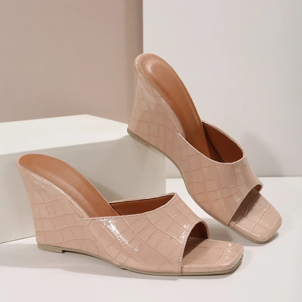 Snake Print Leather Wedge Sandal Slippers