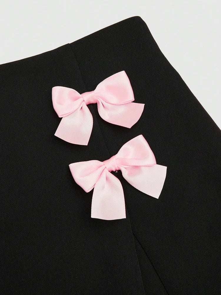 Top & Bowknot Slit Skirt Two Piece Set