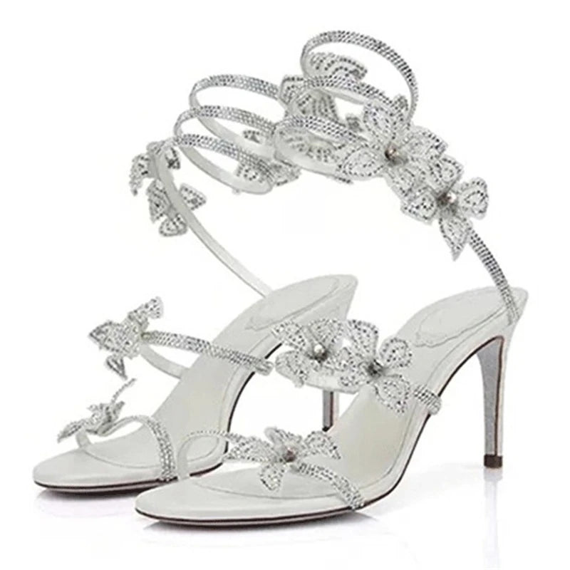 Eilyken Sexy CRYSTAL Flower Thin High Heels Women Sandals Street Style Narrow Band Ankle Strap Pole Dancing Ladies Shoes