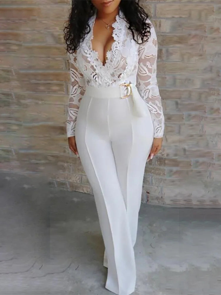 White Jumpsuits For Woman Lace Stitching Long Sleeve V-neck Wide Leg Pants With Belt Lady Romper Mono Women's Clothing Offers