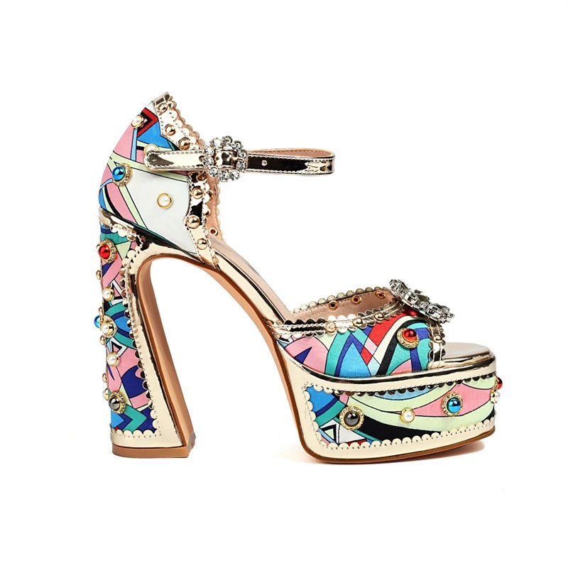 Diamond Pearl Flower Thick Sole Waterproof Platform High Heel Open Toe Heel