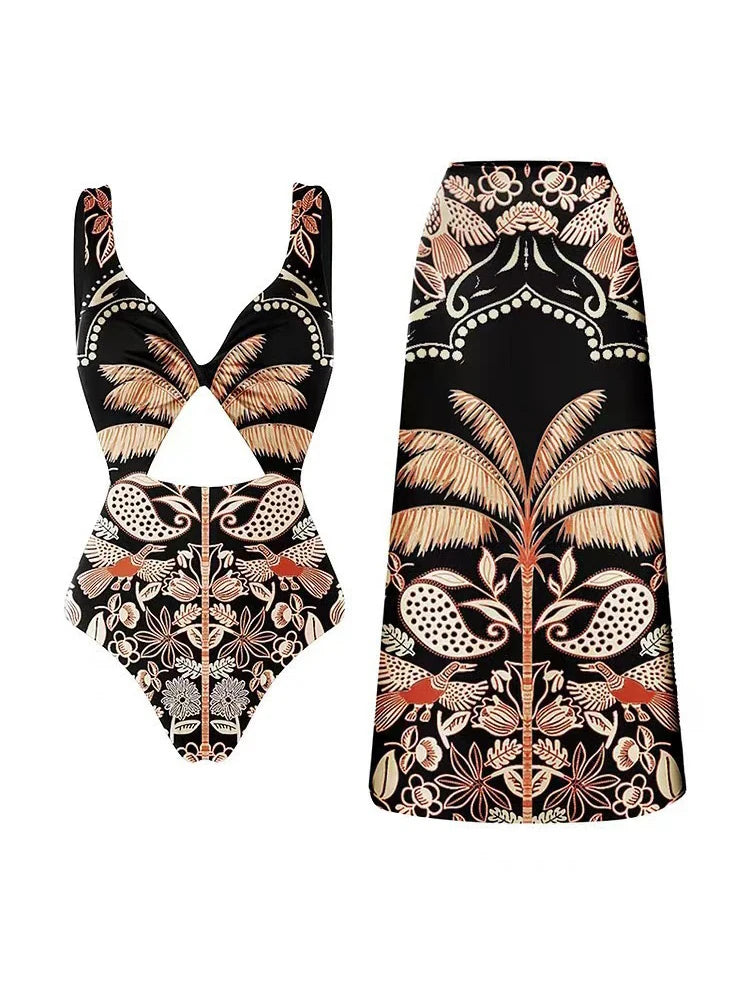 Two Pieces Set Woman Swimsuits 2025 Trend Printed One-piece Swimsuit Sexy Hollowed Out High Waisted Bikini for Beach Vacation