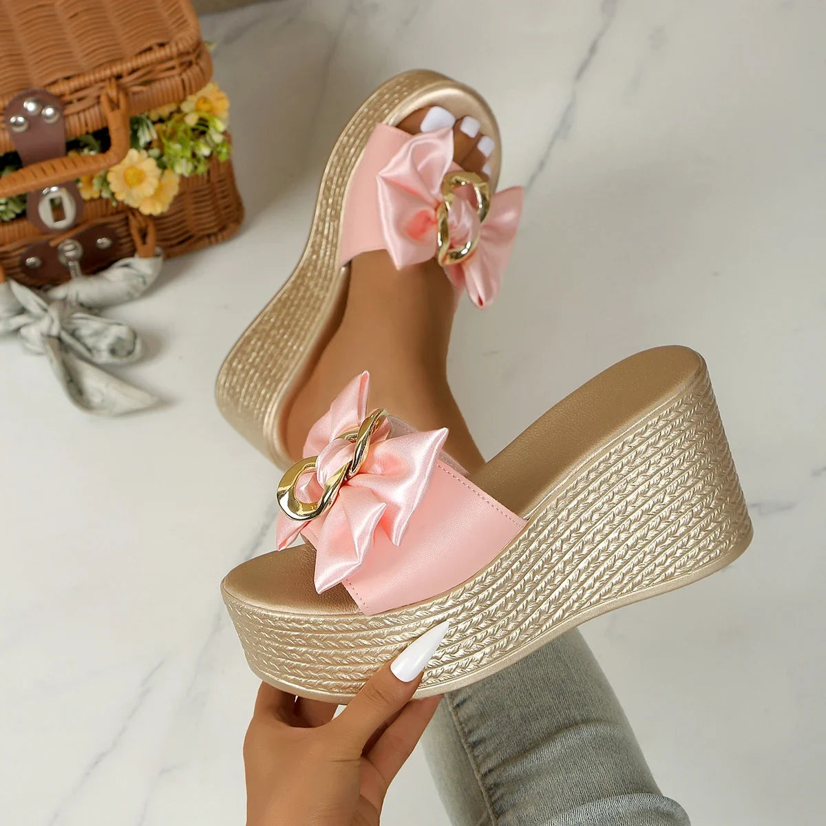 Bow Slipper Platform Wedges