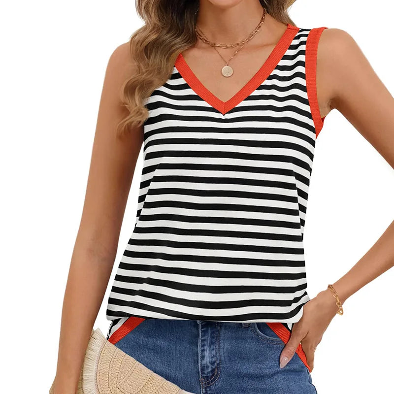 S-XL Summer Plus Size Fashion Striped Undershirts Women’s Casual Basic Sleeveless T-Shirt 3D Printed All Match Vest Camisole Top