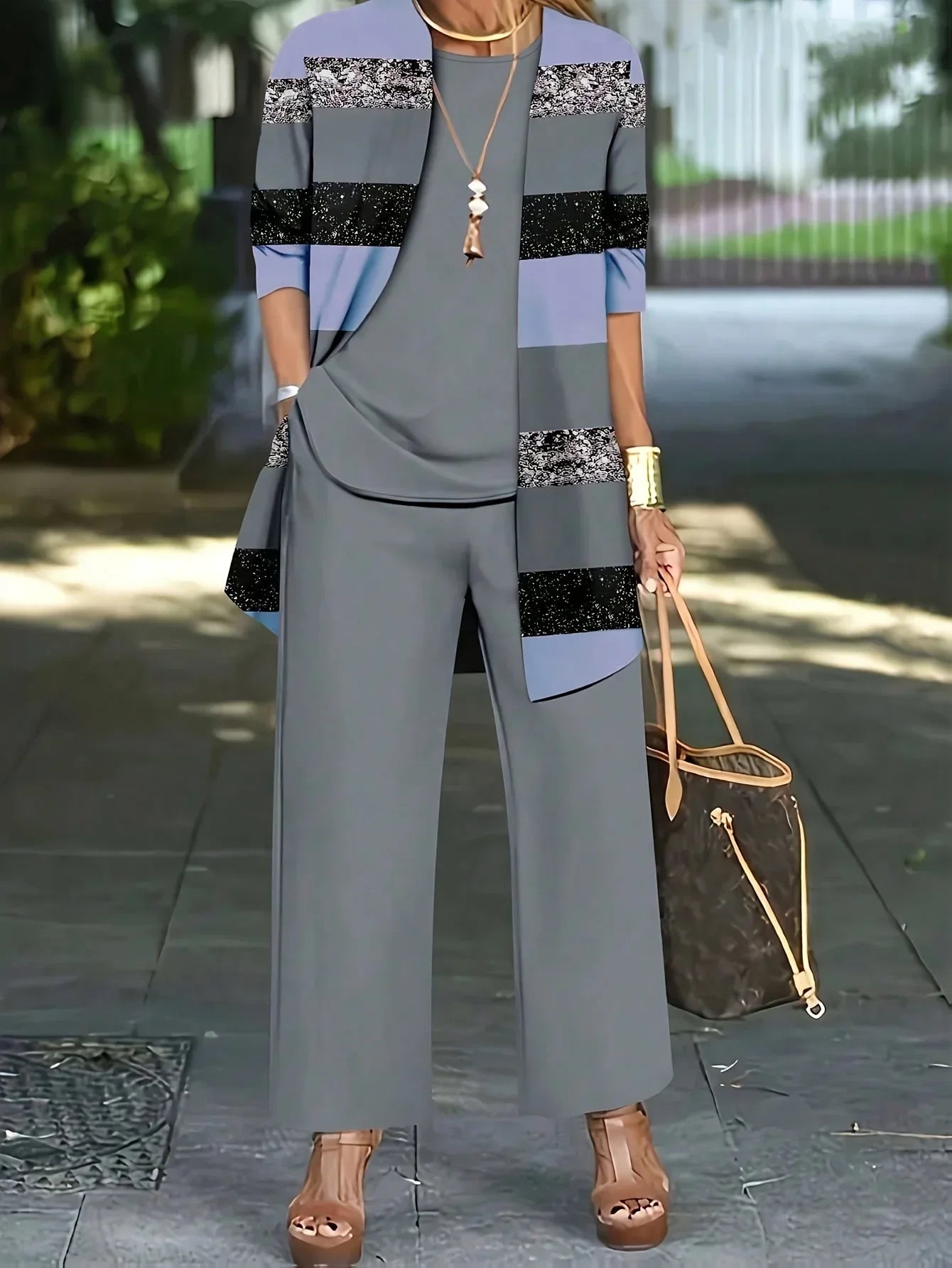 Women's Fashion Plus Size 1XL-5XL Three-Piece Outfit Set Ladies Casual Long Sleeve Cardigan Tank Top and Long Pants Outfits