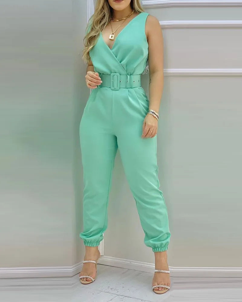 Summer Elegant Women Jumpsuits Office Lady Sexy V-neck Sleeveless Print Jumpsuits New Fashion With Belt Vest Playsuit Streetwear