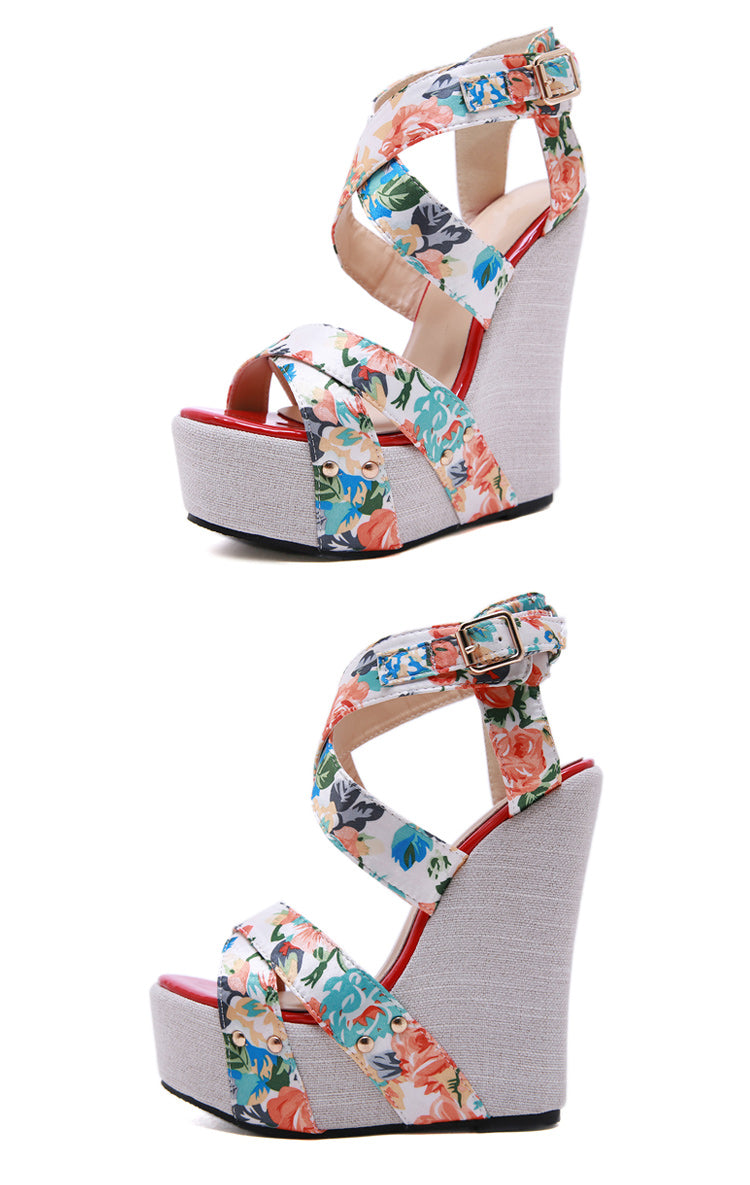 Aneikeh Women Wedges Sandals Summer Platform Sandals High Heels Shoes Ankle Strap Designer Silk Print Footwear Sandals Pumps