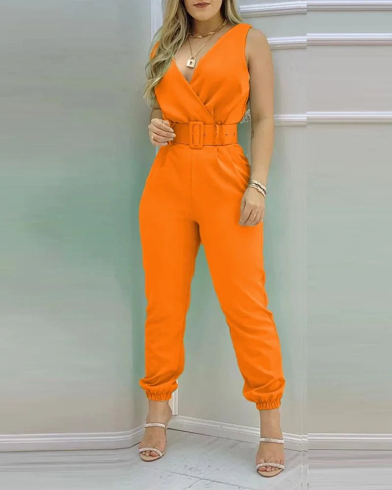 Summer Elegant Women Jumpsuits Office Lady Sexy V-neck Sleeveless Print Jumpsuits New Fashion With Belt Vest Playsuit Streetwear