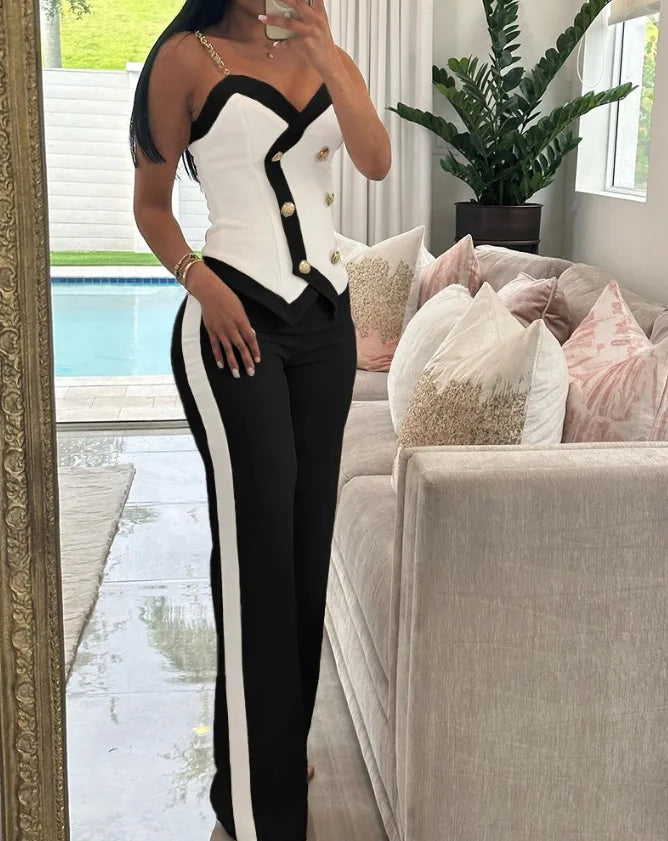 Sexy Women's 2-Piece Suit Summer Fashion Double Breasted Chain Strap Slim Top Straight Leg Long Pants Set For Women Sports Suit