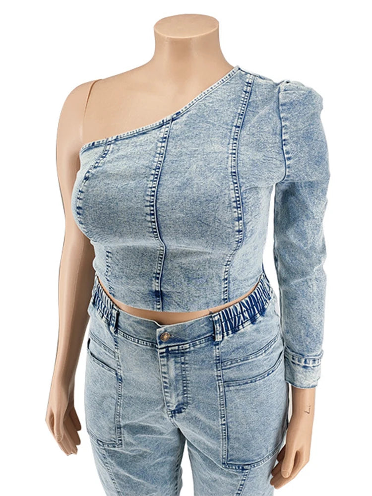 2 Piece One Shoulder Top Elastic Denim Set