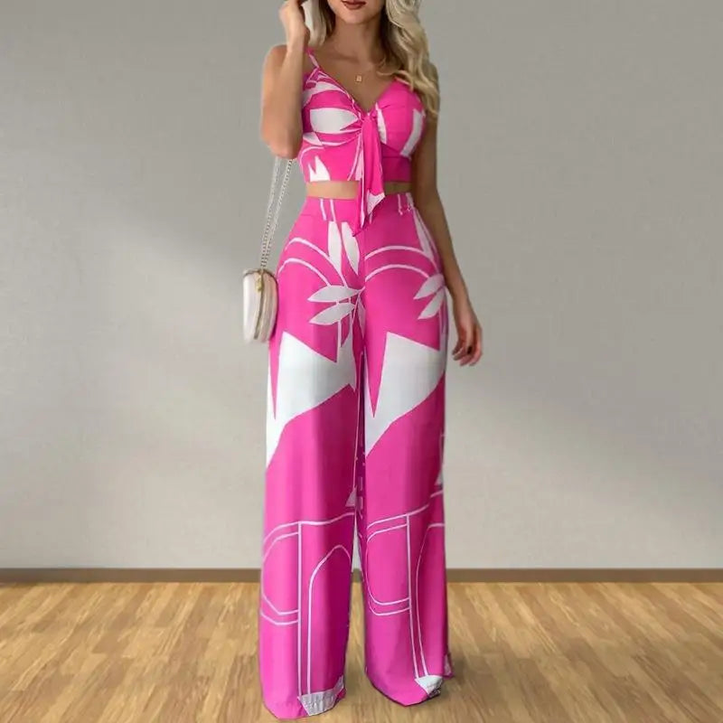 Elegant Two Piece Outfits For Women 2025 Sexy V-Neck Strap Backless Lace-up Slim Crop Top & Wide Leg Pants Sets Summer Lady Suit