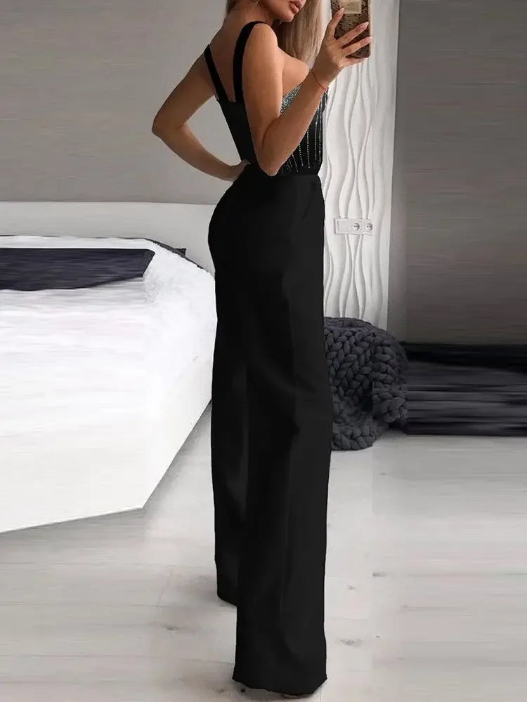 Summer Jumpsuits Women 2025 New Fashion Office One Pieces Black Multi Strap Sleeveless Rhinestone Bootcut Jumpsuit Overalls