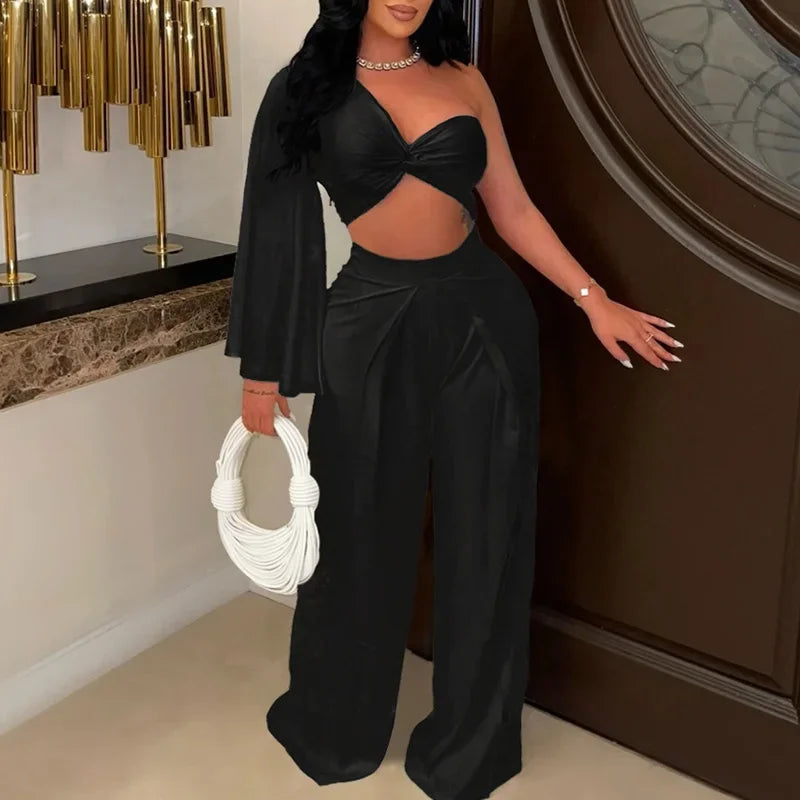 One Shoulder Crop Top & Pants 2 Piece Set