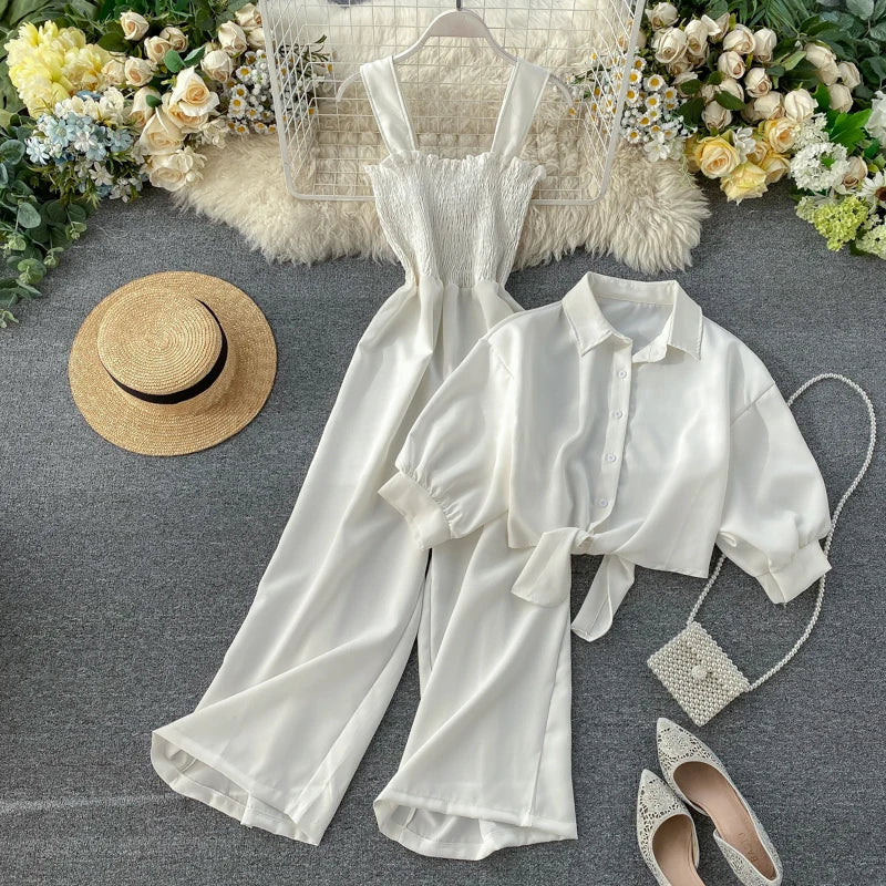 2025 Two Piece Sets Womens Outfits Skirt Suit Roupas Femme Short Sleeve Crop Blouse High Waist Pleated Jumpsuit Korean Y2k Set
